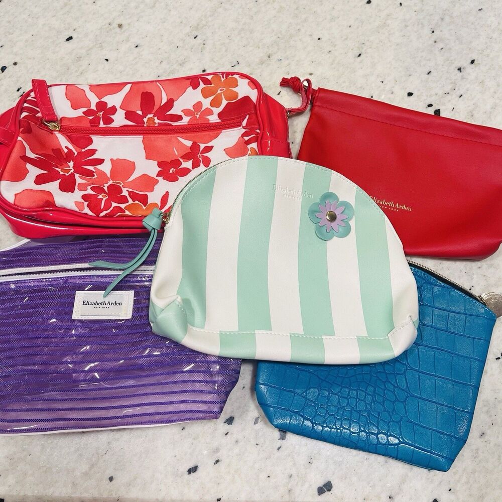 Elizabeth Arden Cosmetic Tote Travel Make Up Bag Lot Of 5 Red Purple Blue Stripe